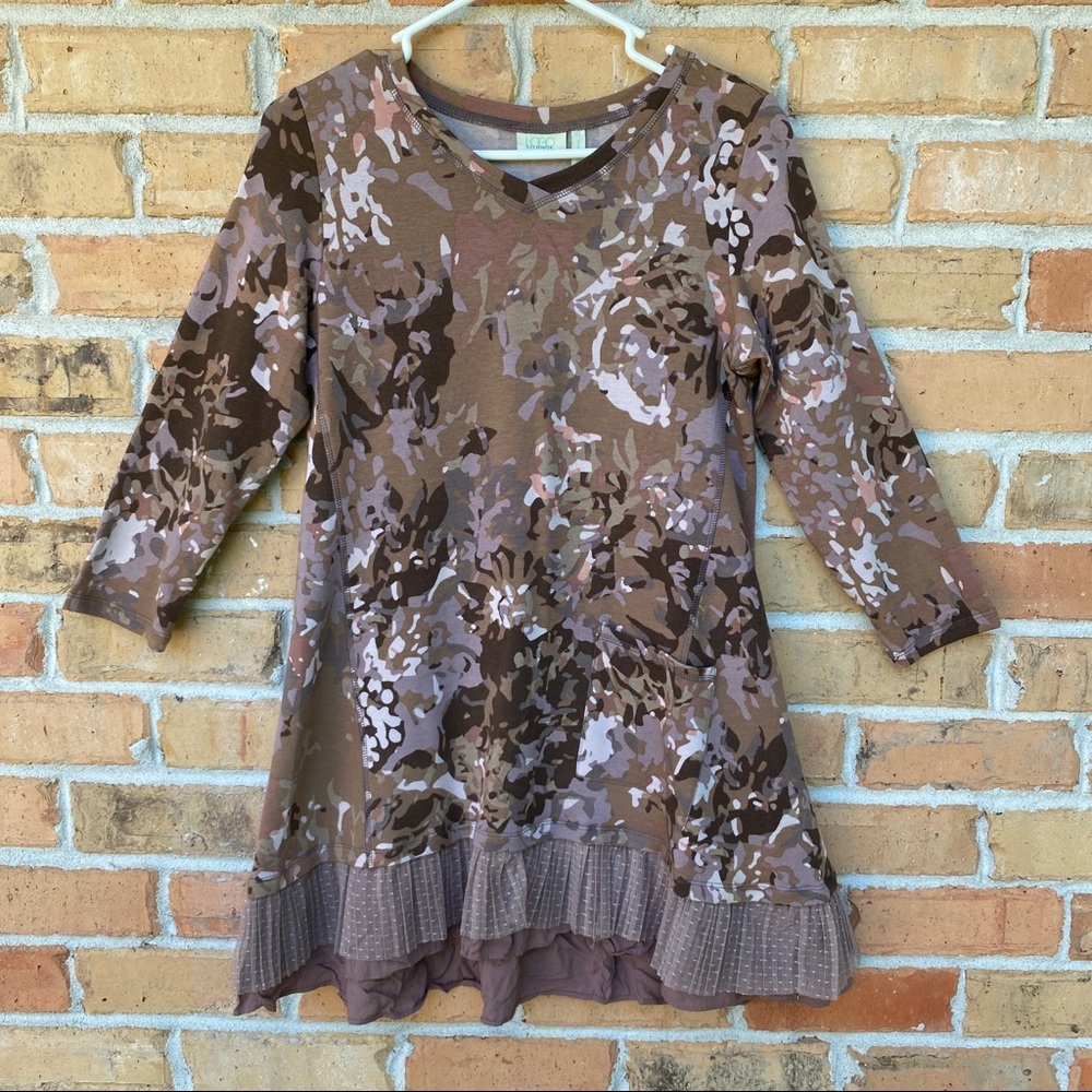 Lori Goldstein Lounge Women Size XS French Terry Printed Top Pleated Mesh Trim